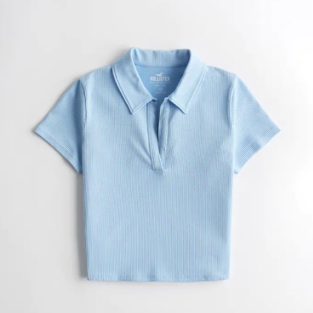 Hollister Cropped Ribbed Seamless Polo Blue NWT